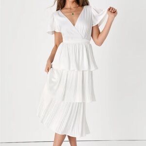 Lulus Twirl-wind Romance White Satin Tiered Midi Dress